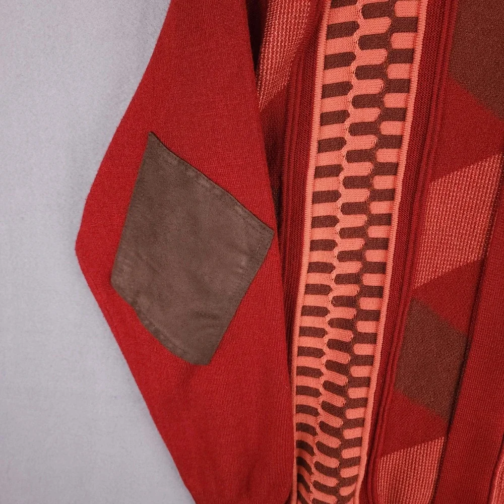 Silversilk Sweater Mens‎ Large Red Geometric Full Zip Suede Trim Elbow Patches L